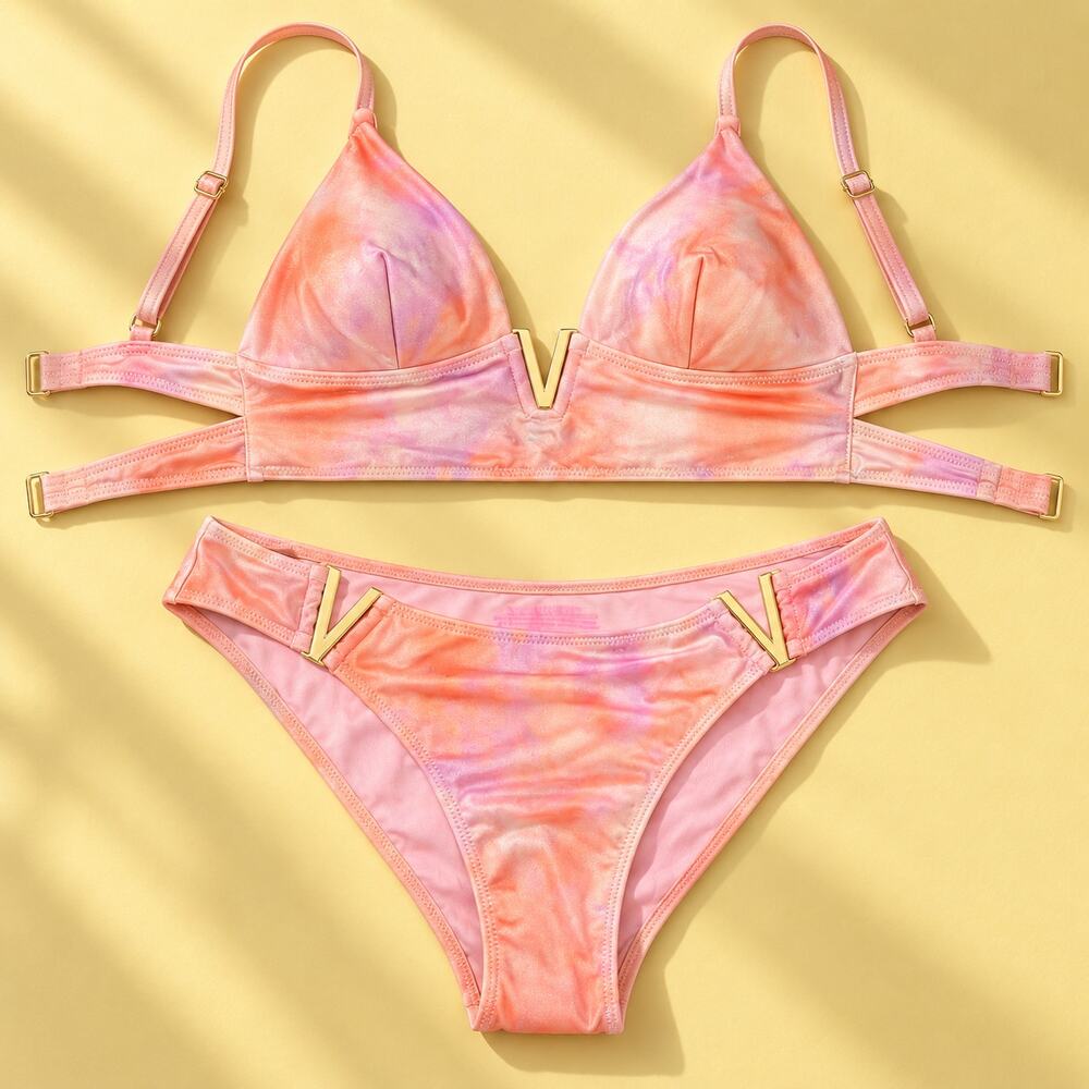 Victoria’s Secret Peach Tie Dye Shimmer Gold V Bikini Set Medium NWT